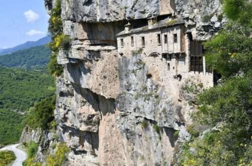 Greece, Epirus, Monastery Kipinas from 13th century, built on rock face