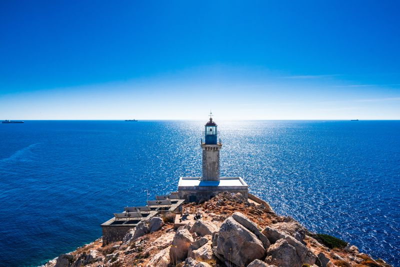 View on Lighthouse at cape Tainaron lighthouse in Mani Peloponnese, the southernmost point of mainland Greece