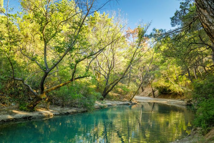 Lake in The seven springs waterfall forest area in the island of Rhodes, Greece, Europe.