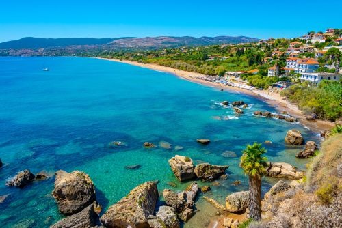 Panorama view of Zagka beach in Greek town Koroni