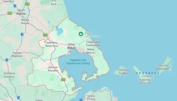 מפת חצי האי פיליון ביוון המחולקת למזרח ומערב פיליון.