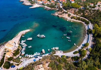 Aerial view of the coast at Kardamyli, Messenia on the Mani Peninsula, Greece.