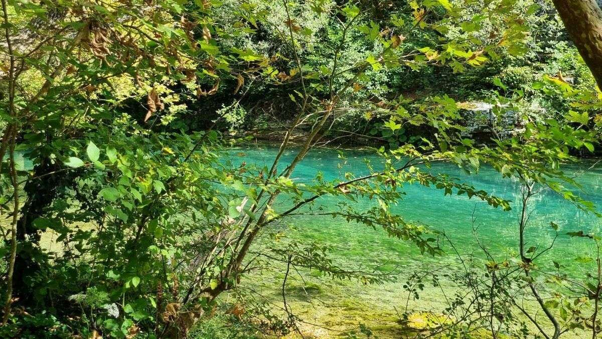 נהר הוידומטיס המרהיב בזגוריה, חבל אפירוס, עם מי טורקיז צלולים וקרים ושפע של צמחיה ירוקה מסביב