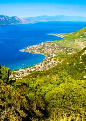 Panorama view cape of Kamena Vourla city and Aegean sea.A touristIc destination in Greece.